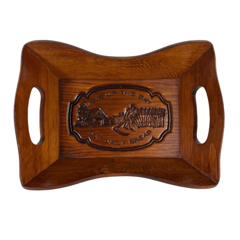 Religious Prayer Wooden Serving Tray Bread Basket Engraved Harvest Side Handles